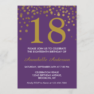 18:e födelsedag Lila Guld Confetti Dot Modern Chic Inbjudningar