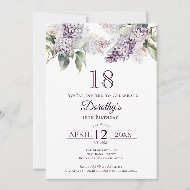 18:e födelsedag Lila Vår Lilac Flower Inbjudningar (Framsida)