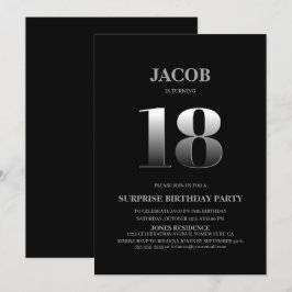 18:e födelsedag med minimalistiskt svart och Silve Inbjudningar