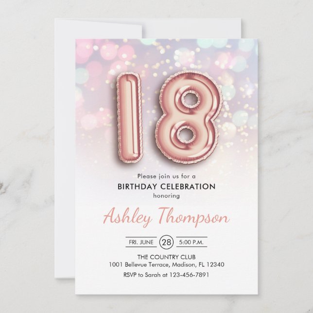 18:e födelsedag - Ro Guld-ballonger Rosa Ljus Inbjudningar (Framsida)