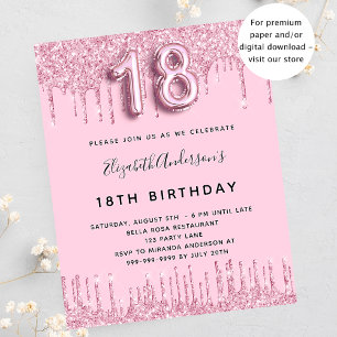 18:e födelsedag  rosa glitter budgetinbjudan flygblad