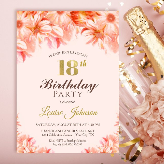18:e födelsedag  Rosa Guld Blommigt Party Inbjudningar (Skapare uppladdad)