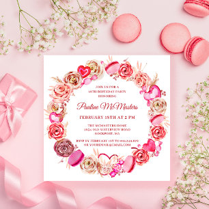 18:e födelsedag Rosa ros Swirly Heart Valentine Inbjudningar
