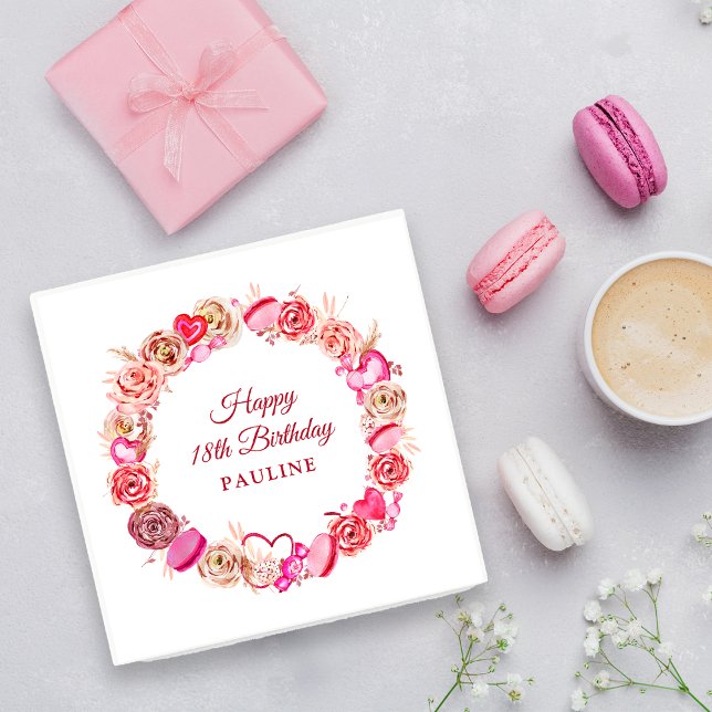 18:e födelsedag Rosa ros Swirly Heart Valentine Pappersservett (Skapare uppladdad)