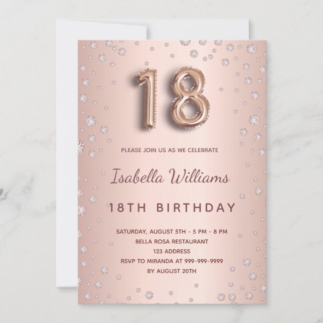 18:e Födelsedag Rose Guld Diamanter Ballong Skrift Inbjudningar (Framsida)