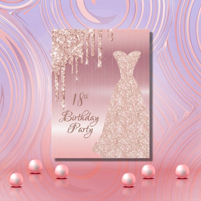 18:e Födelsedag Rose Guld Glitter Droppar Inbjudan (Skapare uppladdad)