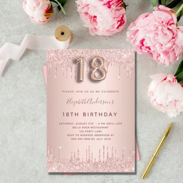 18:e Födelsedag Rose Guld Rouge Glitter Droppar Inbjudningar (Skapare uppladdad)