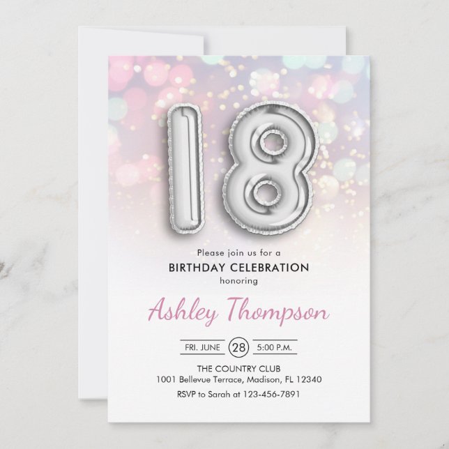 18:e födelsedag - Silver-ballonger Rosa Ljus Inbjudningar (Framsida)