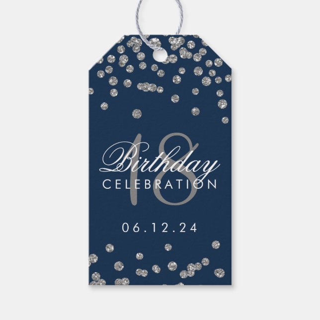 18:e födelsedag Silver Faux Glitter Confetti Navy Presentetikett (Framsidan)