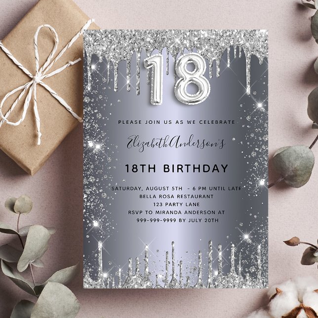 18:e Födelsedag Silver Glitter Glamorös Inbjudningar (Skapare uppladdad)
