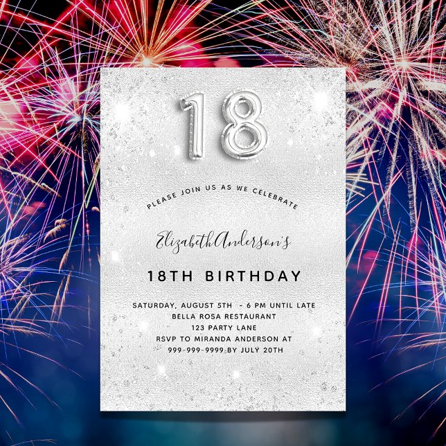18:e Födelsedag Silver Glitter Glitter Glamorös Inbjudningar (Skapare uppladdad)