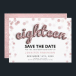 18:e födelsedag Spara datumet Ro Guld Glitter Inbjudningar<br><div class="desc">Eleganten "18:e Födelsedagsfesten Spara datum"-design med Brev och Glitter-konetti i Ro Balloon Guld och specialnamn och detaljtext. Imponera på din familj och dina vänner med den här snyggten och den glamorösa designen. Lätt att använda och lätt att anpassa. Ordna i dag!</div>
