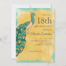 18:e födelsedag Teal Gult Watercolor Peacock Inbjudningar