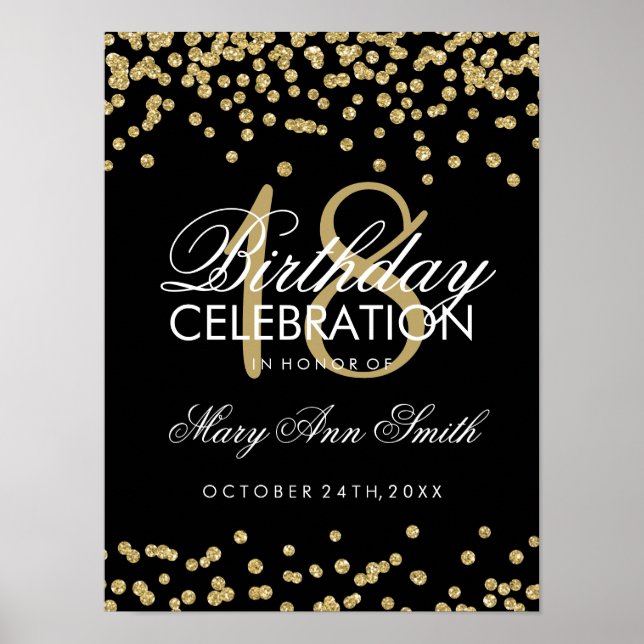 18:e födelsedagen Guld Faux Glitter Confetti Black Poster (Framsidan)