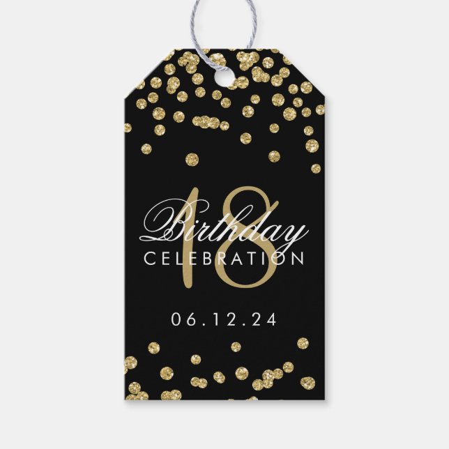18:e födelsedagen Guld Faux Glitter Confetti Black Presentetikett (Framsidan)
