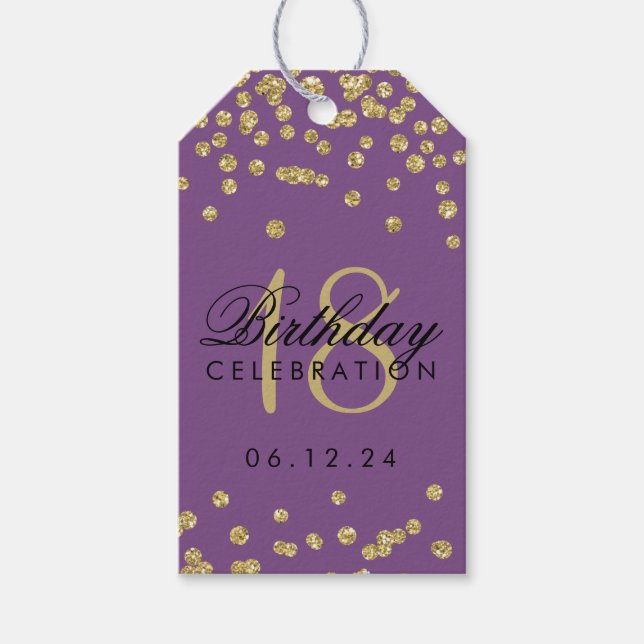 18:e födelsedagen Guld Faux Glitter Confetti Lila Presentetikett (Framsidan)