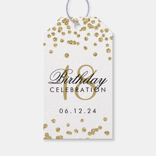 18:e födelsedagen Guld Faux Glitter Confetti White Presentetikett (Framsidan)