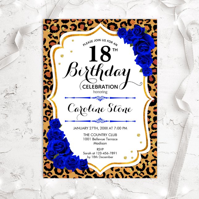 18:e födelsedagen - Royal Blue Guld Leopard Skriv  Inbjudningar (Skapare uppladdad)