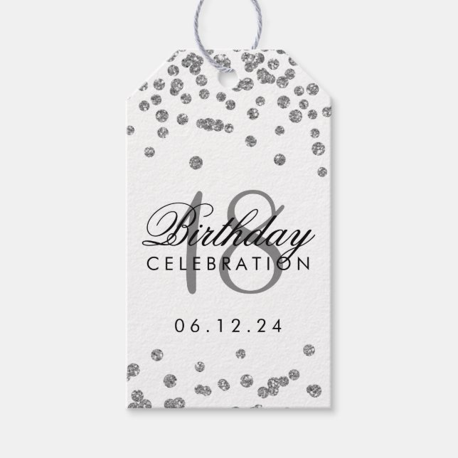 18:e födelsedagen Silver Faux Glitter Confetti Whi Presentetikett (Framsidan)