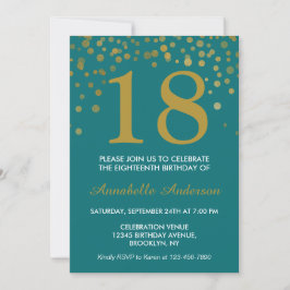 18:e födelsedagen Teal Guld Confetti Dot Modern Ch Inbjudningar