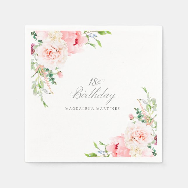 18:e Födelsedagsfest Rosa Blommigt Anpassningsbar  Pappersservett (Framsidan)