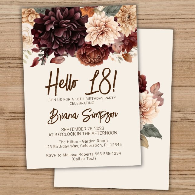 18:e Födelsedagsfesten Brown Beige Ivory Blommigt Inbjudningar (Skapare uppladdad)