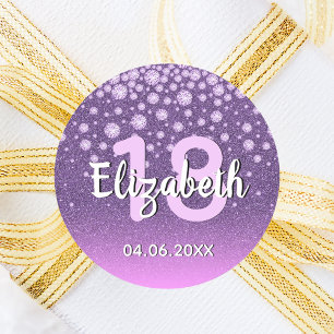 18:e födelsedagsfesten diamanter glitter lila rosa runt klistermärke