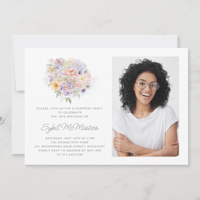 18:e Födelsedagsfesten Flower Bouquet Photo Surpri Inbjudningar (Framsida)