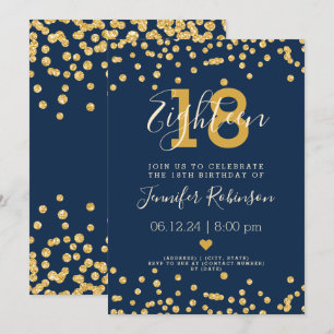 18:e Födelsedagsfesten Guld Glam Glitter Ljus flot Inbjudningar
