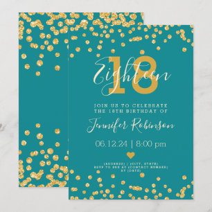 18:e Födelsedagsfesten Guld Glam Glitter Ljus Teal Inbjudningar