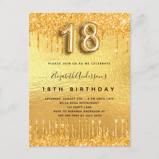 18:e födelsedagsfesten guld glitter droppar inbjudan vykort (Framsida)