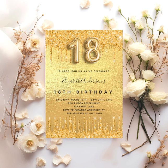 18:e födelsedagsfesten guld glitter droppar inbjudningar (Skapare uppladdad)
