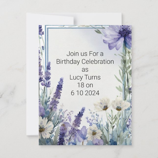18:e Födelsedagsfesten Inbjudan med Blåa blommor (Framsida)