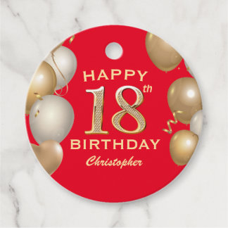 18:e Födelsedagsfesten Röda och Guld-ballonger Gåvor Etiketter