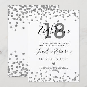 18:e Födelsedagsfesten Silver Glam Glitter Confett Inbjudningar