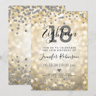 18:e Födelsedagsfesten Silver Glitter Ljus Guld Inbjudningar