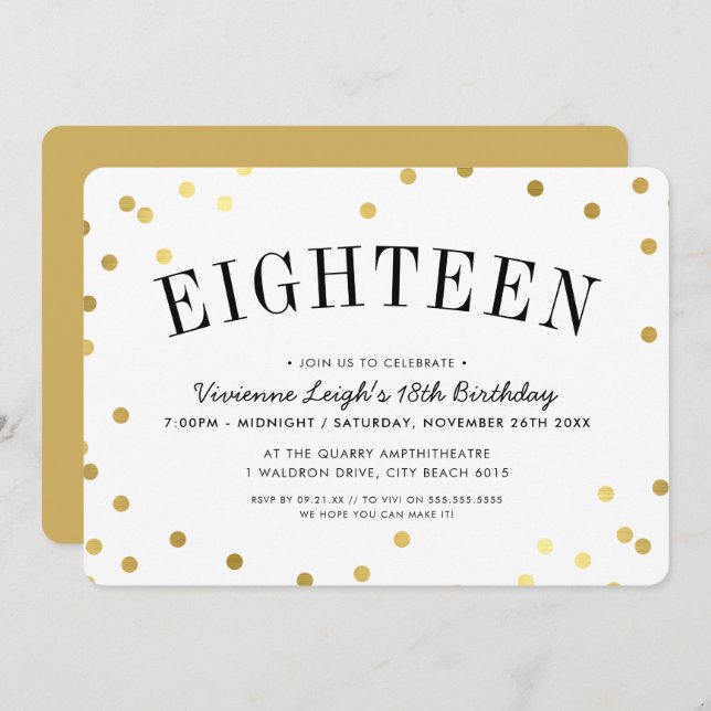 18:e FÖDELSEDAGSFESTEN snyggt guld-konfektionspunk Inbjudningar (Fram/baksida)