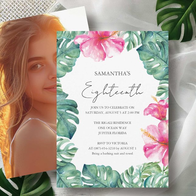 18:e Födelsedagsfesten Tropical Aloha Theme Inbjudningar (Eighteenth birthday invitations with photo watercolor pink flowers & palm leaf Victoria Grigaliunas)
