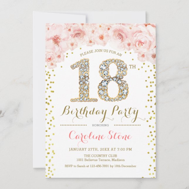 18:e Födelsedagsfesten - Vita Guld Rosa Inbjudningar (Framsida)