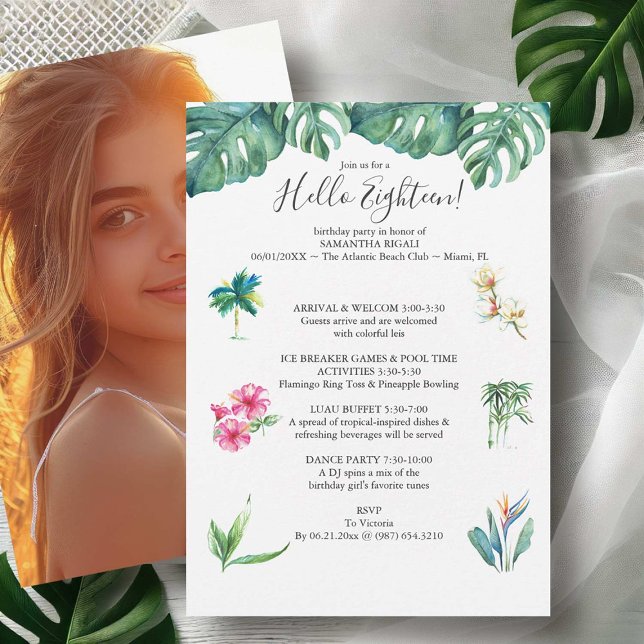 18:e födelsedagsinbjudan Luau Bassäng Party Spara Datumet (18th birthday invitations tropical flowers icons watercolor art by Victoria Grigaliunas )