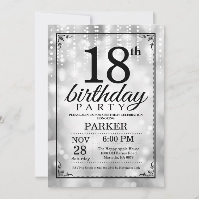 18:e födelsedagsinbjudan Silver Glitter Inbjudningar (Framsida)