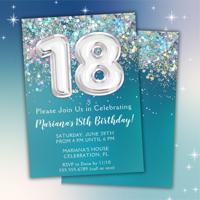 18:e födelsedagsinbjudan Teal Silver Glitter Inbjudningar (Skapare uppladdad)