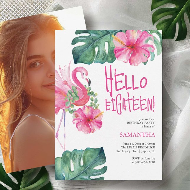 18:e födelsedagsinbjudan Tropiska vattenfärger Inbjudningar (18th birthday invitations watercolor pink flamingo and palm leaves Victoria Grigaliunas DoTellABelle)