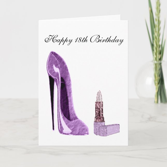 18:e födelsedagskort med Lilac Stiletto Shoe och L Kort (Framsida)