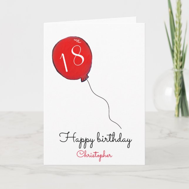 18:e födelsedagsröda ballongkort kort (Framsida)