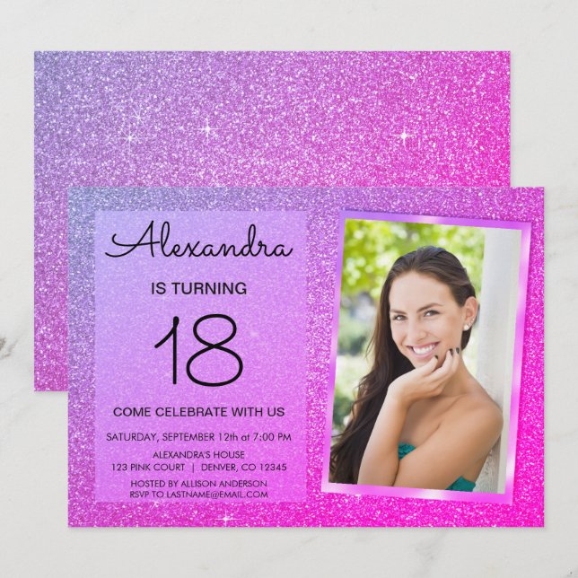 18:e Gnistran Glitter Girly Rosa och Lila Inbjudningar (Fram/baksida)