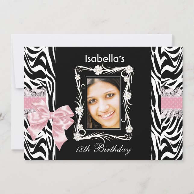 18:e Tonåring Födelsedagsfest Rosa Black White Zeb Inbjudningar (Framsida)
