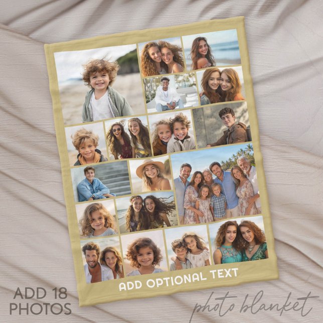 18 Fotokollage - Anpassad text - Guld och Vit Fleecefilt (Photo Blanket - Fleece)