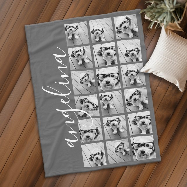 18 Fotokollage - CAN EDIT-bakgrund färg Fleecefilt (Personalized fleece blanket with photos and text)