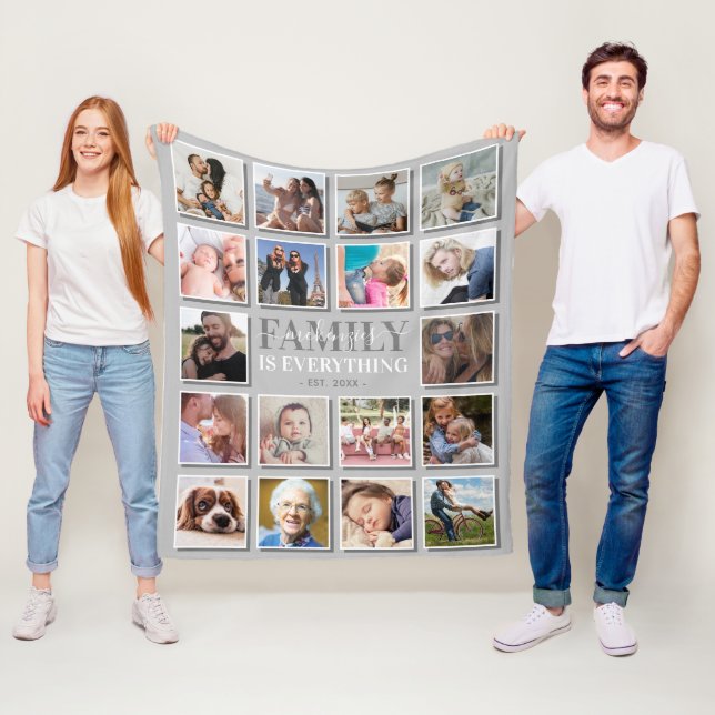 18 Fotokollage Familjenamn Grå Fleecefilt (På plats)